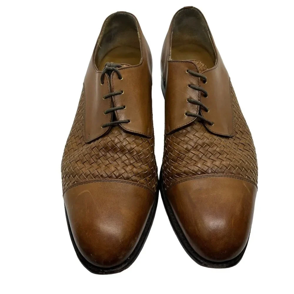 Taft Oxford Dress Shoe Handmade Goodyear Welt Tan Brown Woven Leather Cap Toe 9
